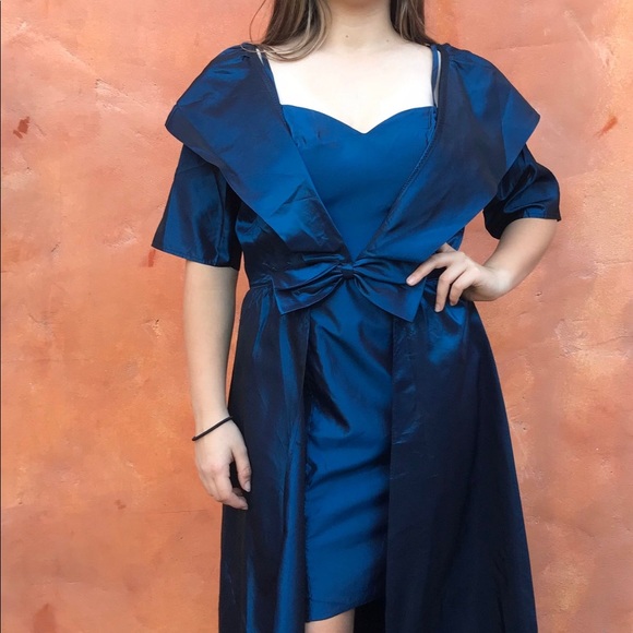 Vintage 1980s Prom Dress + matching maxi coat. Blue Taffeta Prom dress Evening P - Picture 4 of 6